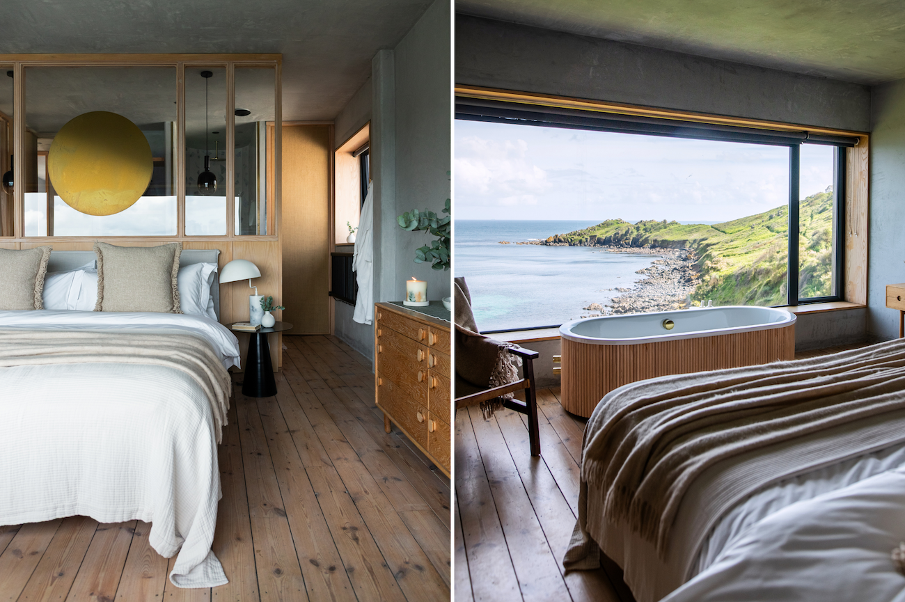 The bedroom and dining table at Ukiyo in Coverack, Cornwall