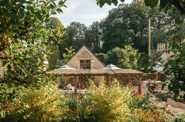 The golden evening sun on the courtyard at The Studio 