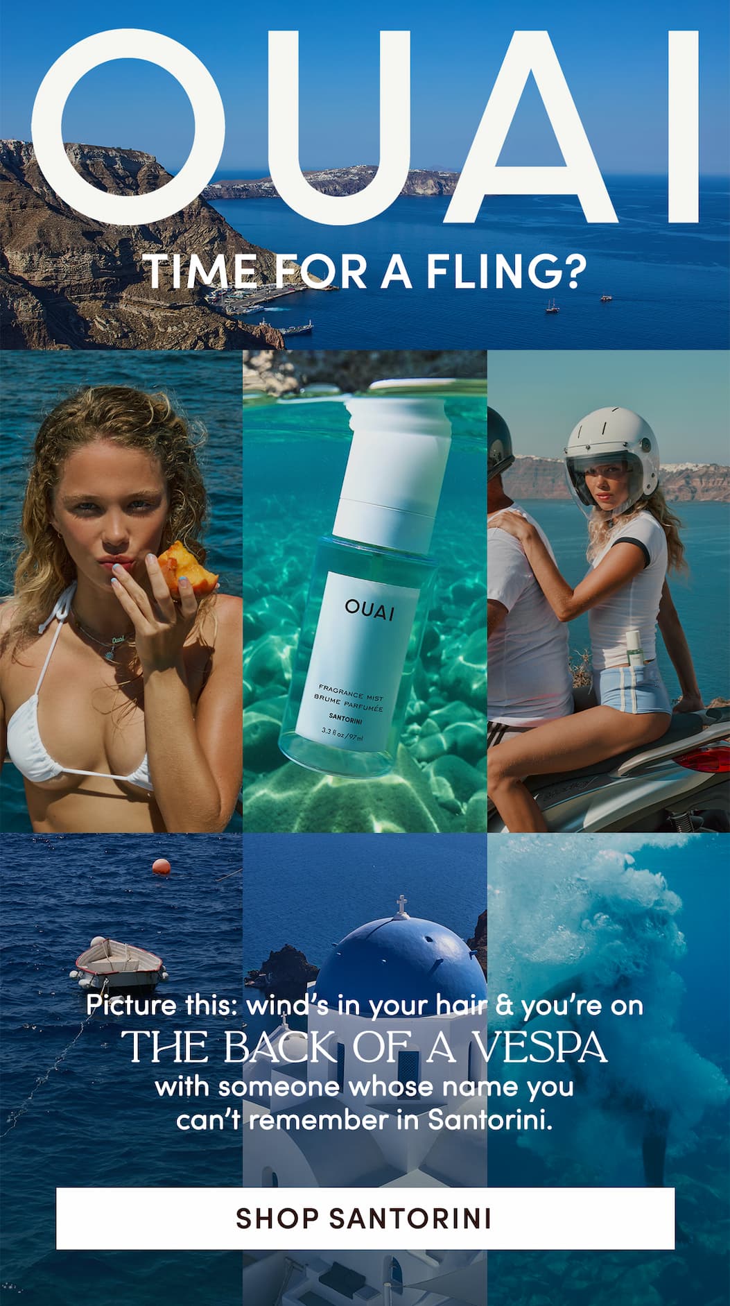 TIME FOR A FLING? Picture this: wind’s in your hair & you’re on the back of a Vespa with someone who’s name you can’t remember in Santorini.  Shop Santorini