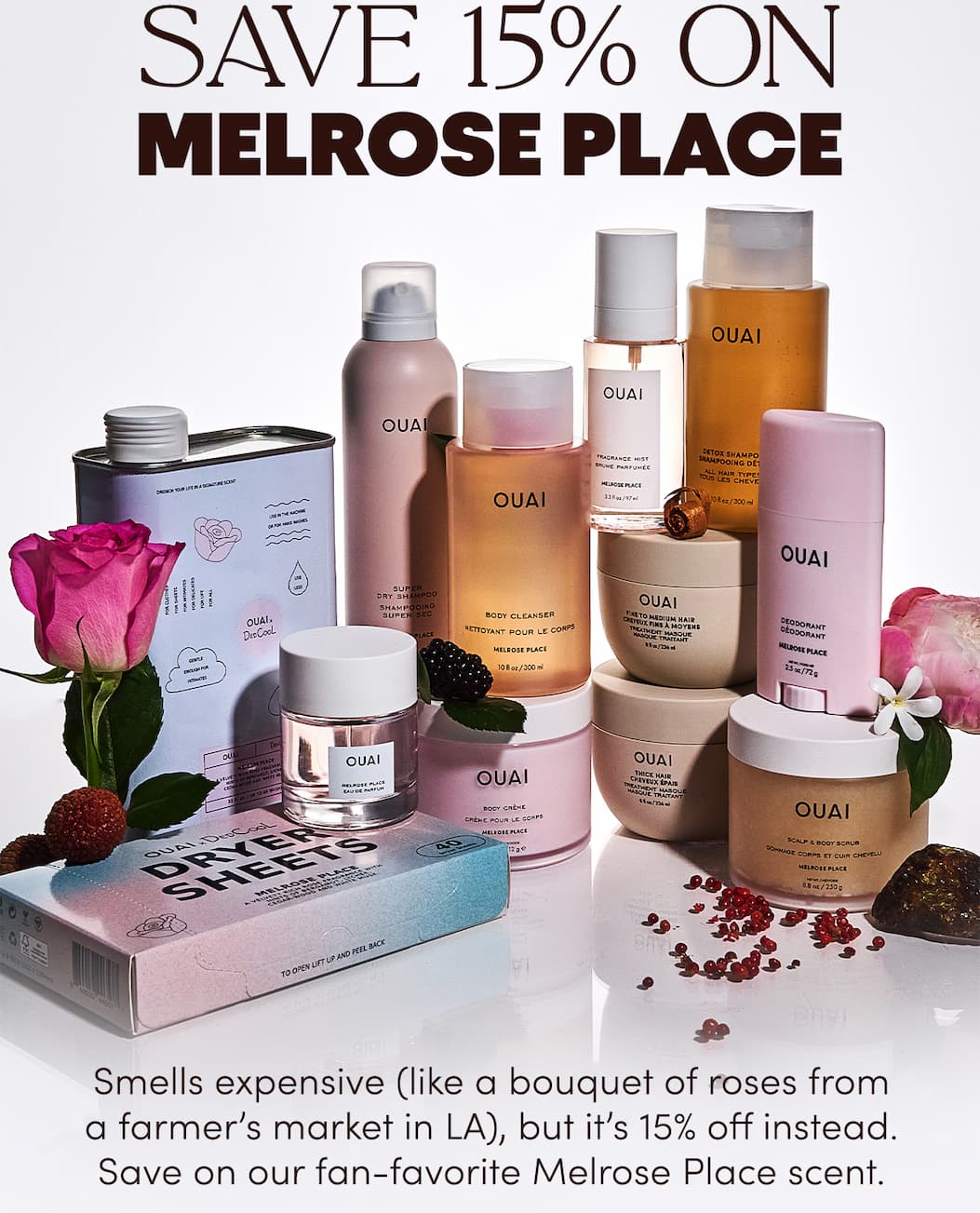 Smells expensive (like a bouquet of roses from a farmer's market in LA), but it's 15% off instead. Save on our fan-favorite Melrose Place scent.