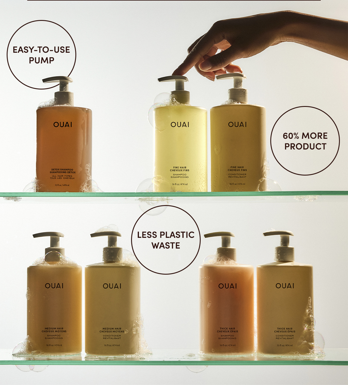 Easy-to-use pump • 60% more product • Less plastic waste