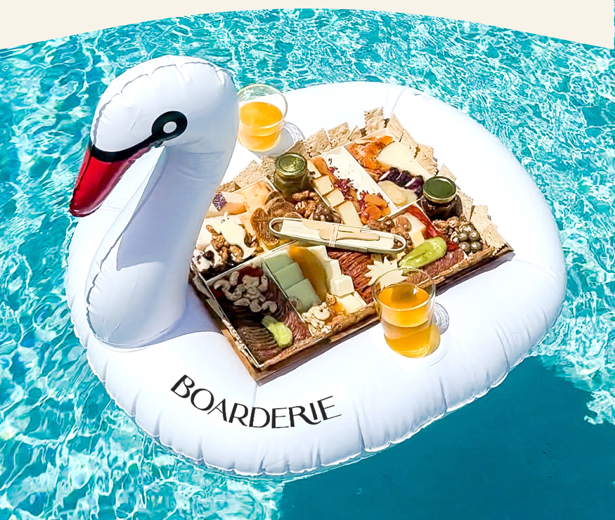 Click to shop swan pool float add on, available on Large Birthday cheese & charcuterie boards 