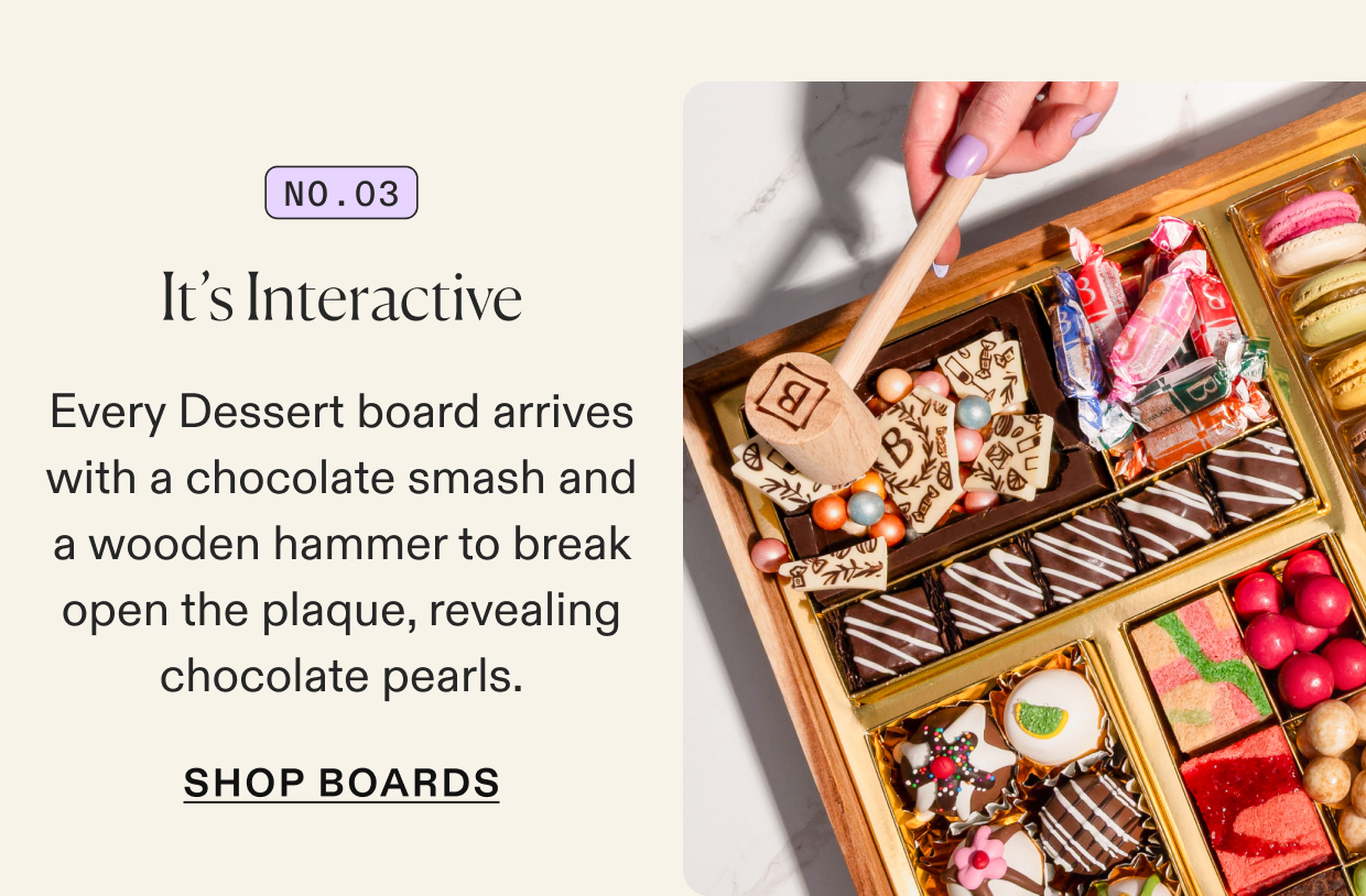 Dessert boards come with an interactive chocolate smash, click to shop dessert boards