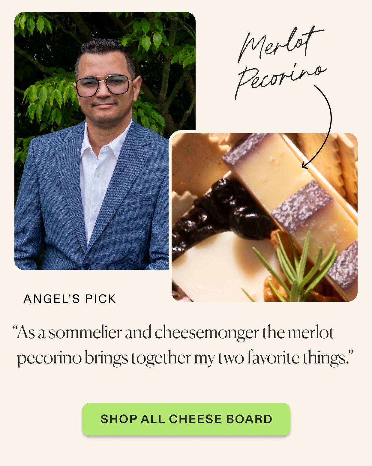 Angel's favorite: merlot pecorino. Click to shop cheese boards (no meat)