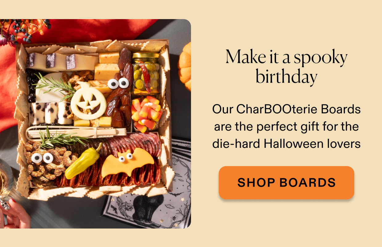 Make it a spooky birthday, click to shop CharBOOterie boards