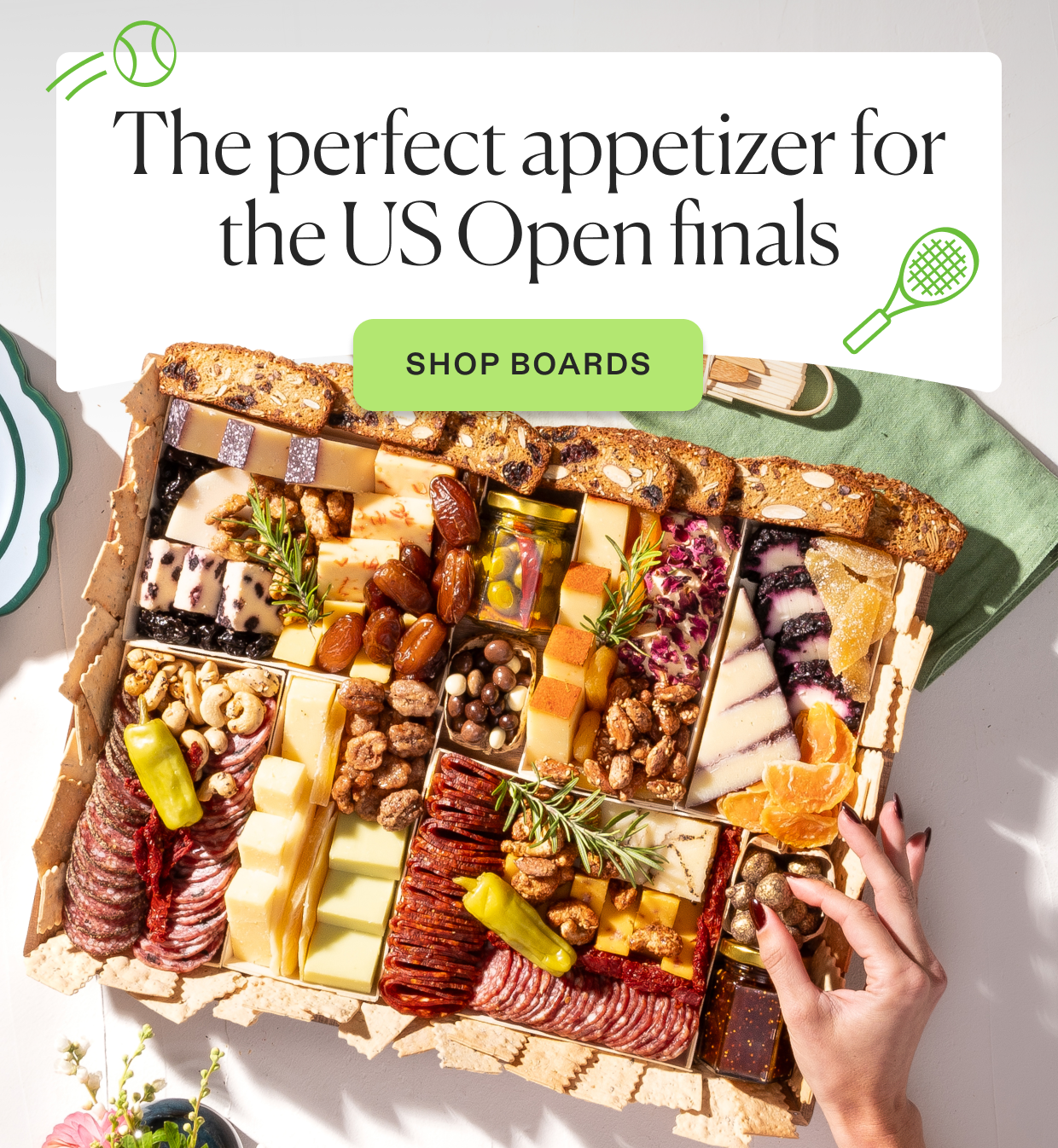 Ace your US open watch party, click to shop gourmet boards