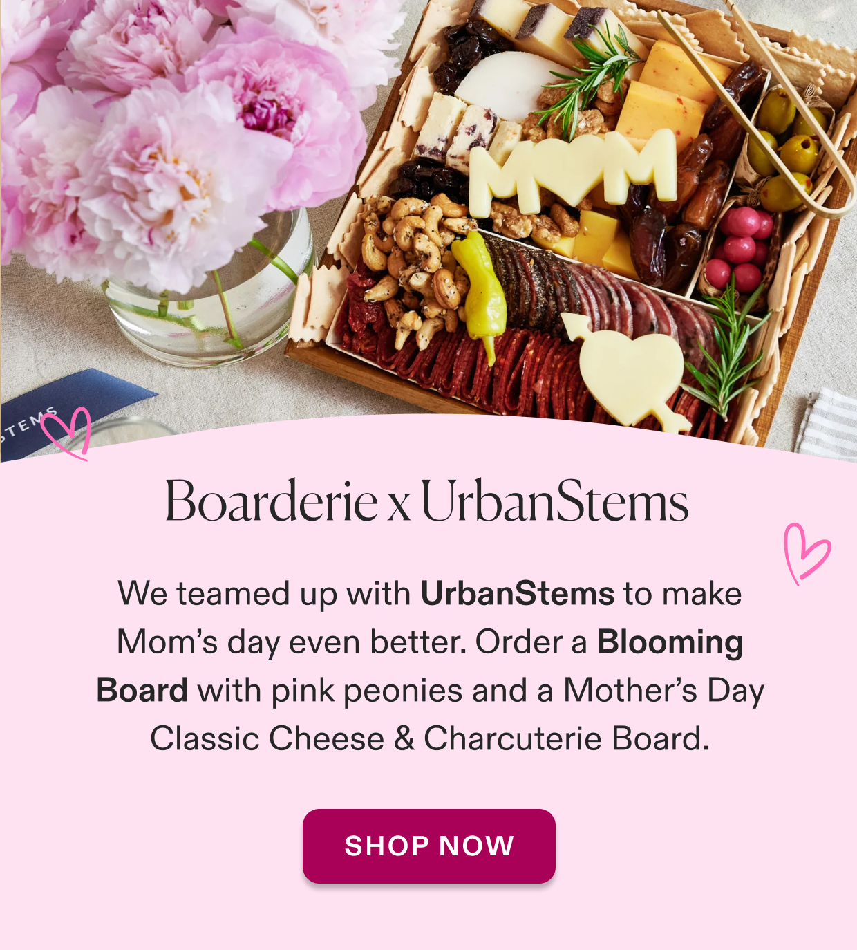Click to shop Boarderie x UrbanStems Blooming Board fresh peonies and charcuterie board Mother's Day gift.