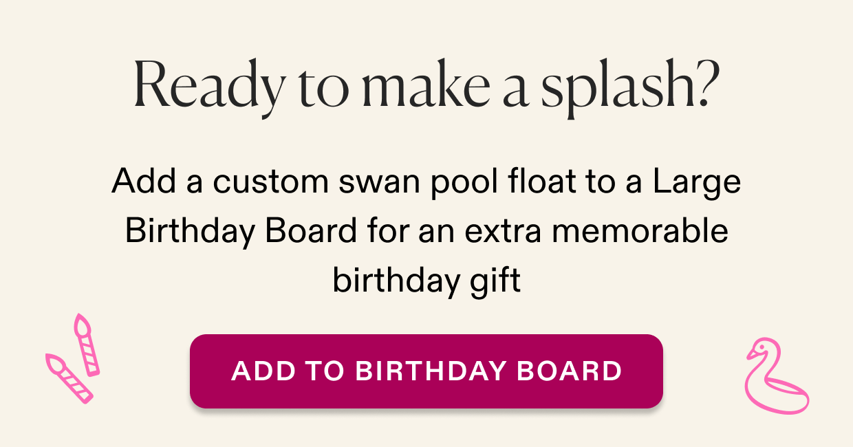 Click to shop swan pool float add on, available on Large Birthday cheese & charcuterie boards 