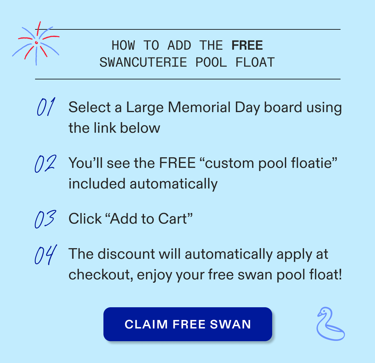 Click the link below to automatically add the free swancuterie pool float to your Large Memorial Day Cheese & Charcuterie Board