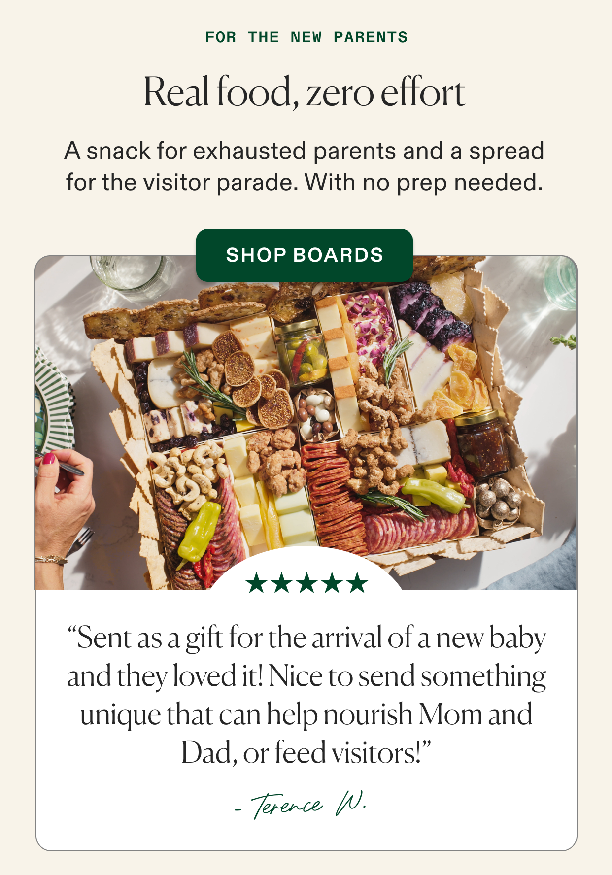 Click to shop classic cheese & charcuterie boards, perfect for new parent gifting and feeding guests.