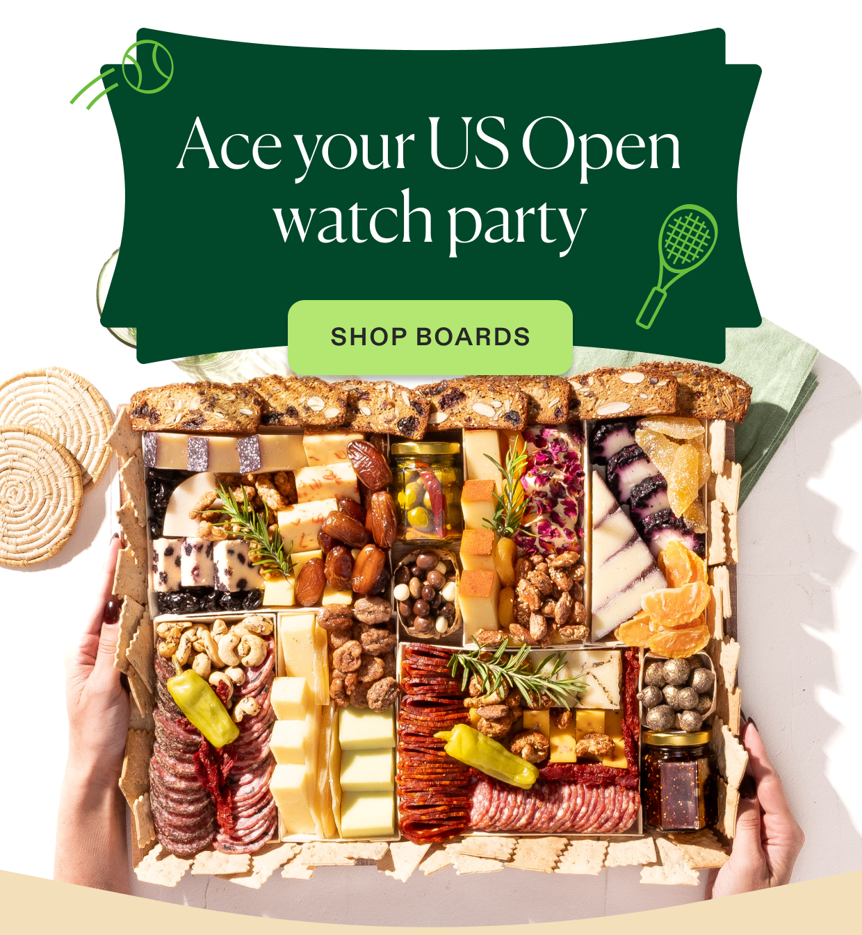 Ace your US open watch party, click to shop gourmet boards