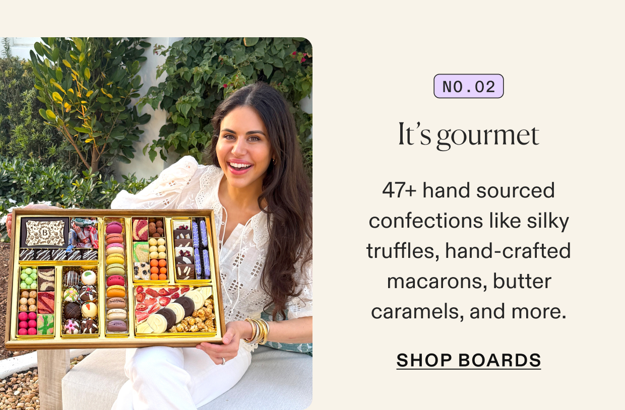 Gourmet confections are hand sourced, click to shop dessert boards