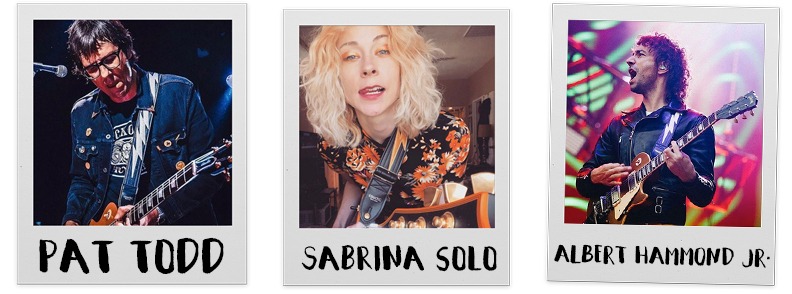 Polaroid-style photos of musicians Pat Todd, Sabrina Solo, and Albert Hammond Jr. performing with Couch guitar straps