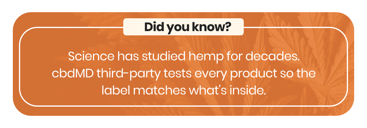Science has studied hemp for decades. cbdMD third-party tests every product so the label matches what's inside.