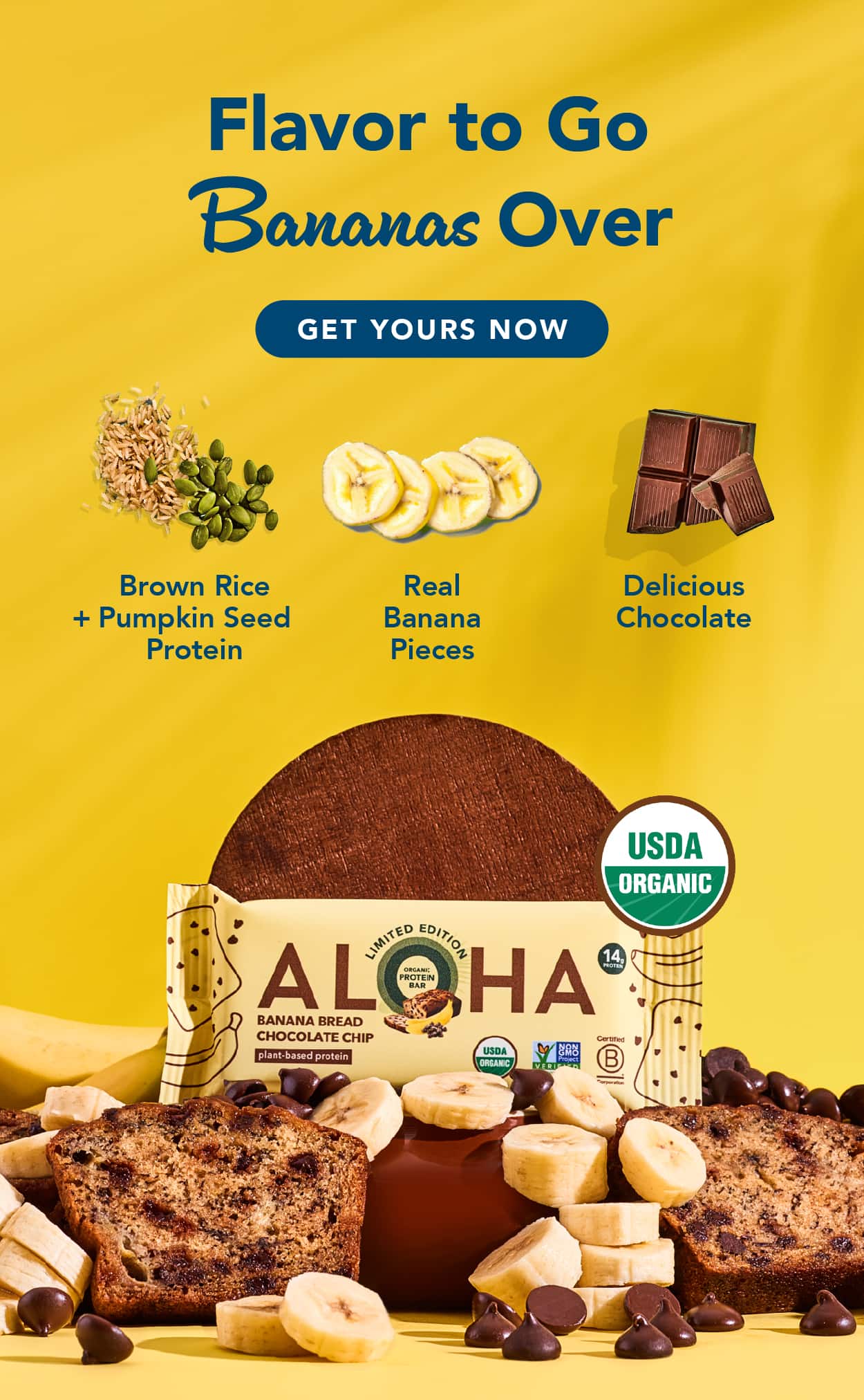 Made with brown rice + pumpkin seed protein, real banana pieces, and delicious chocolate