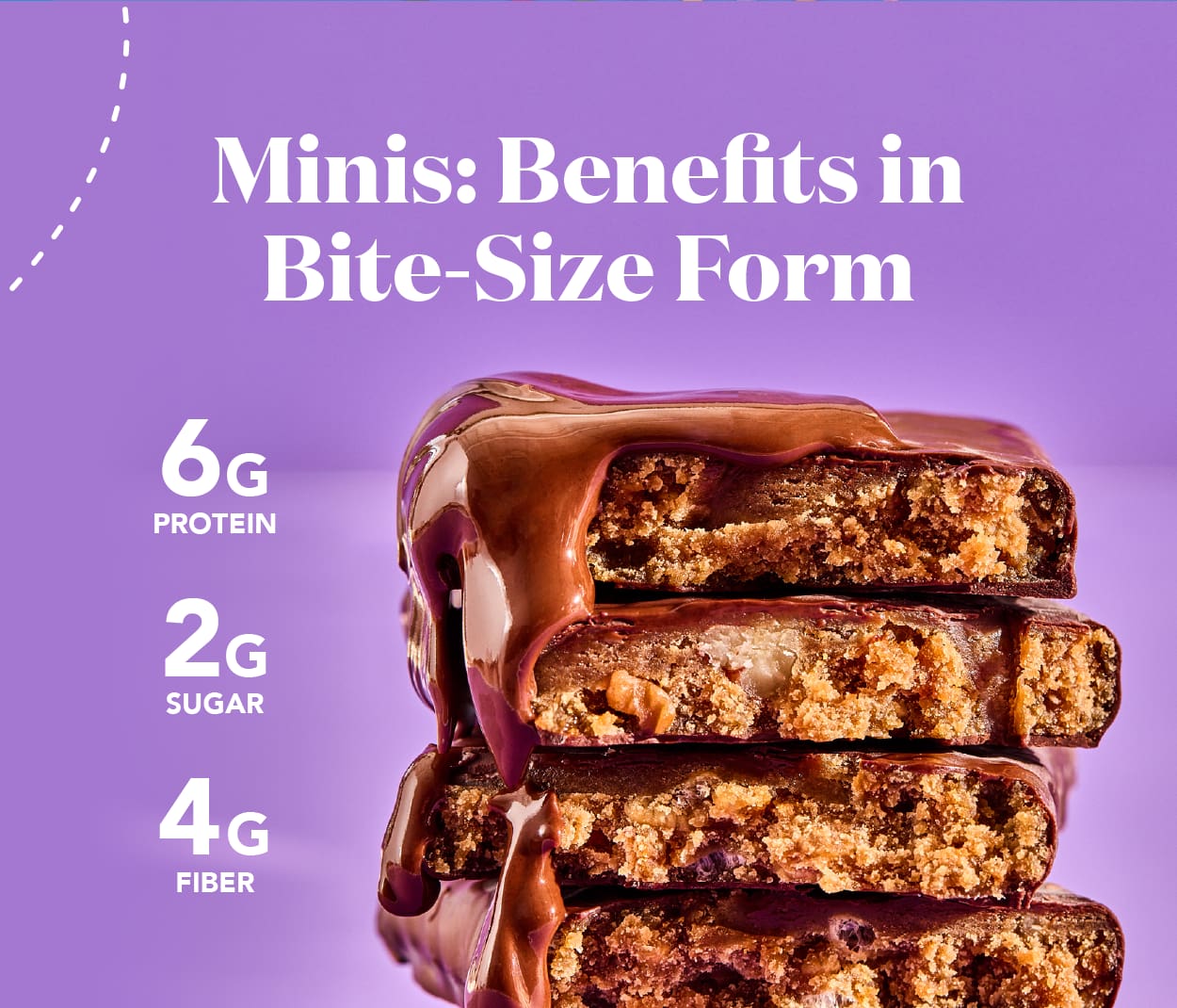 Minis: benefits in bite-size form! 6g protein, 2g sugar, 4g fiber! Minis: benefits in bite-size form! 6g protein, 2g sugar, 4g fiber!