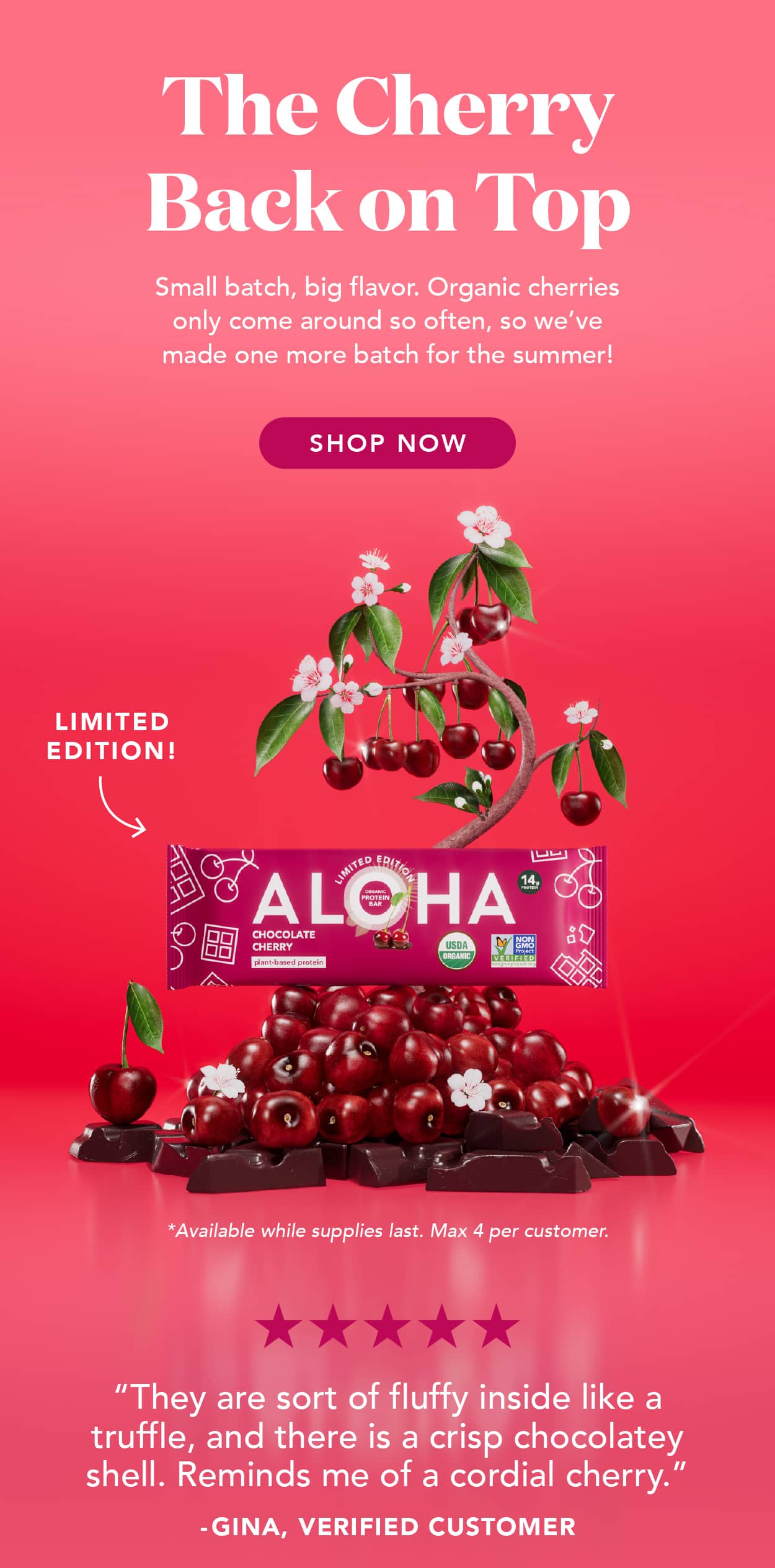 Small batch, big flavor. Organic cherries only come around so often, so we've made one more batch for the summer! Shop now.