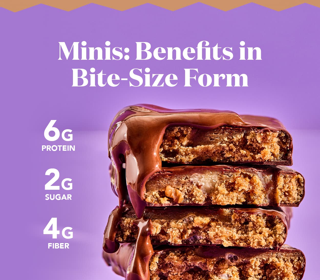 Benefits in bite-sized form! 6g protein, 2g sugar, and 4g fiber Benefits in bite-sized form! 6g protein, 2g sugar, and 4g fiber
