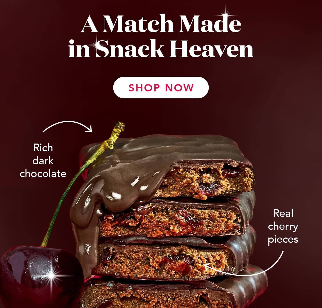 A snack match made in heaven: rich dark chocolate + REAL cherry pieces