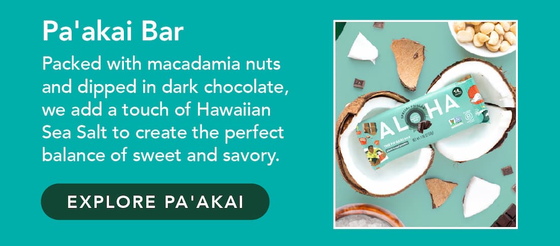 Pa'akai Bar: Packed with macadamia nuts, dipped in dark chocolate, and sprinkled with Hawaiian Sea Salt