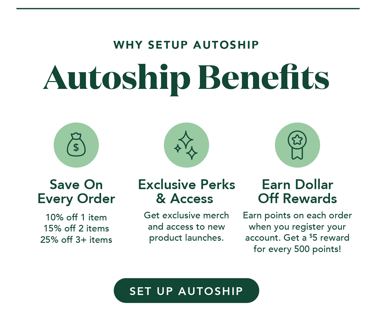 Why set up autoship? Save on every order, get exclusive perks and access, and earn dollar-off rewards!