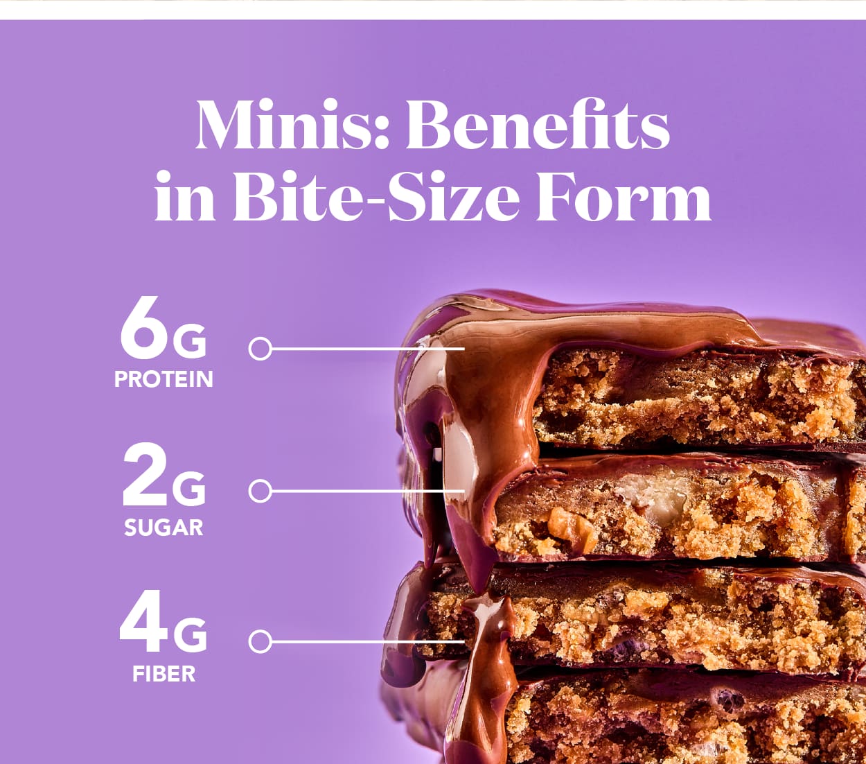 Minis: benefits in bite-sized form. 6g protein, 2g sugar, and 4g fiber!