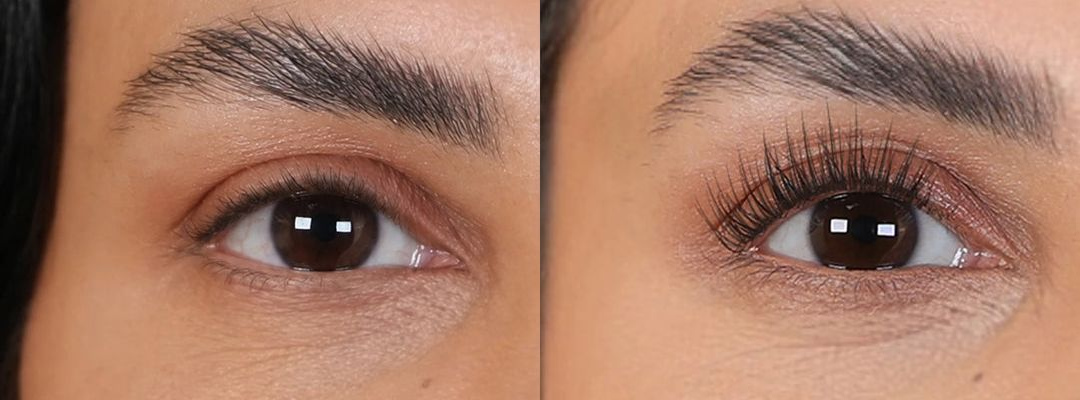 Lashes before and after using Eyelash Growth Serum