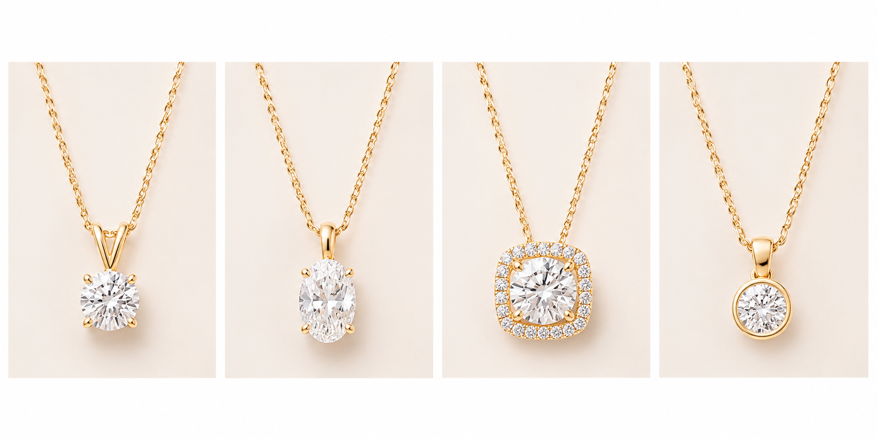 assorted yellow gold diamond pendants on neutral background