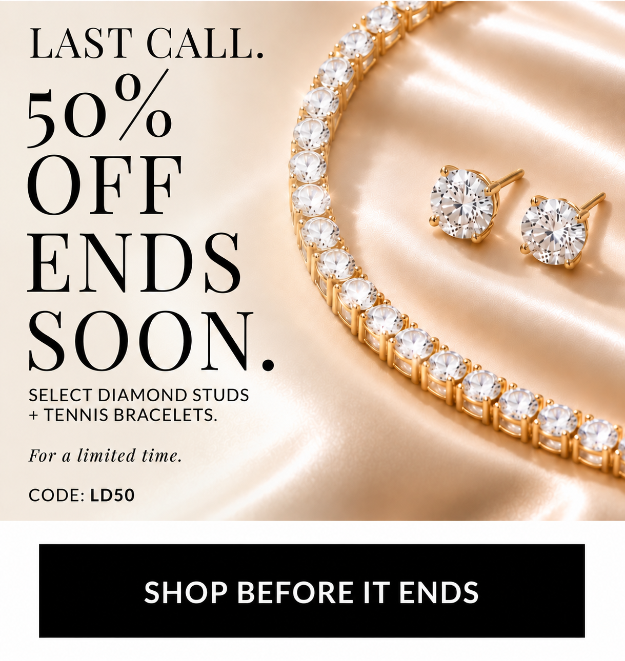 50% off select IGI certified lab-grown diamond stud earrings and tennis bracelets with code LD50