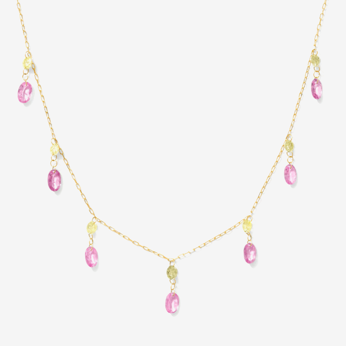 18kt Yellow Gold 4.82 CTW Natural Diamond & Pink Sapphire Oval Drop Necklace