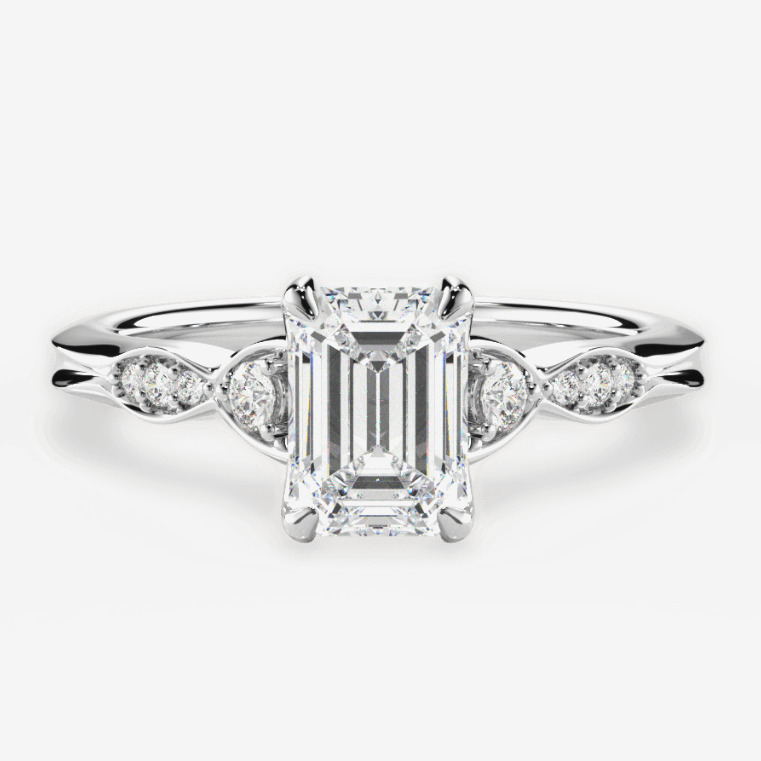 white gold vintage inspired diamond engagement ring with emerald cut center