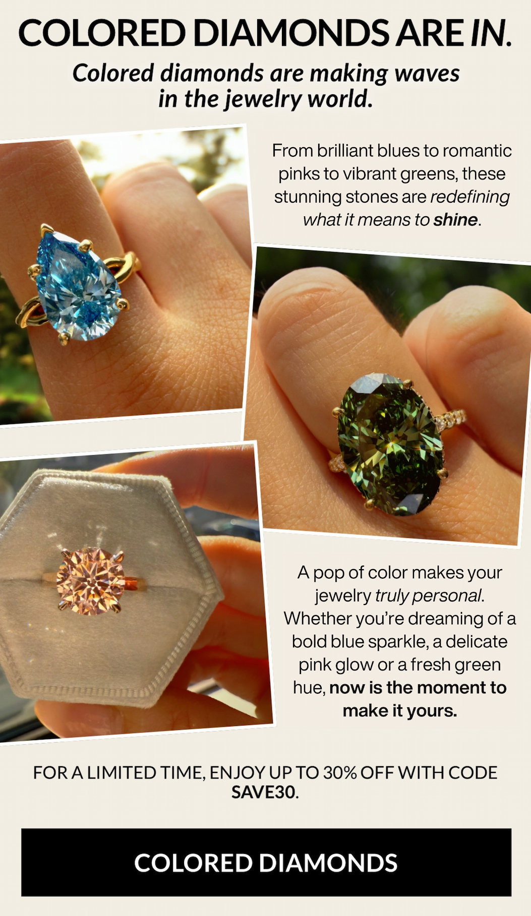 30% off colored lab-grown diamonds with code SAVE30