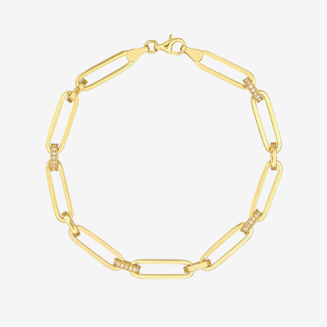 14kt Gold 0.33 CTW Pave Natural Diamond Accented Paper Clip Chain Bracelet 14kt Yellow Gold