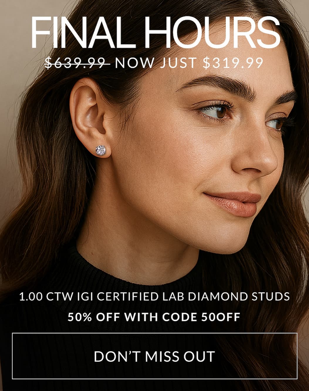 50% off 1.00 ctw IGI certified lab diamond stud earrings