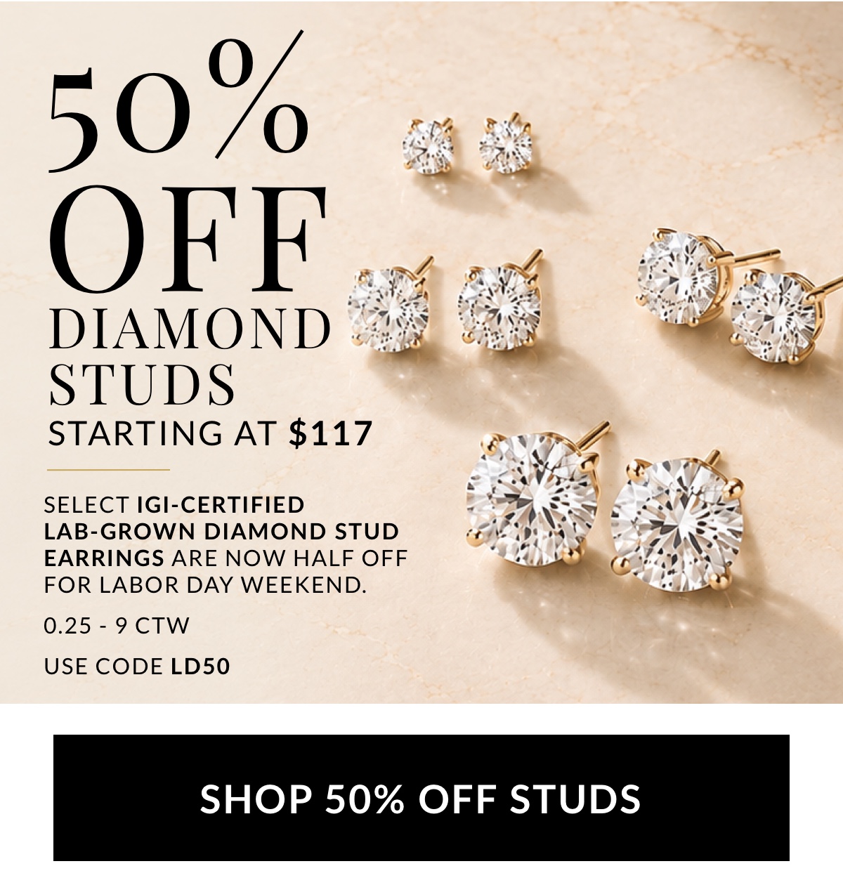 50% off select IGI certified lab-grown diamond stud earrings with code LD50