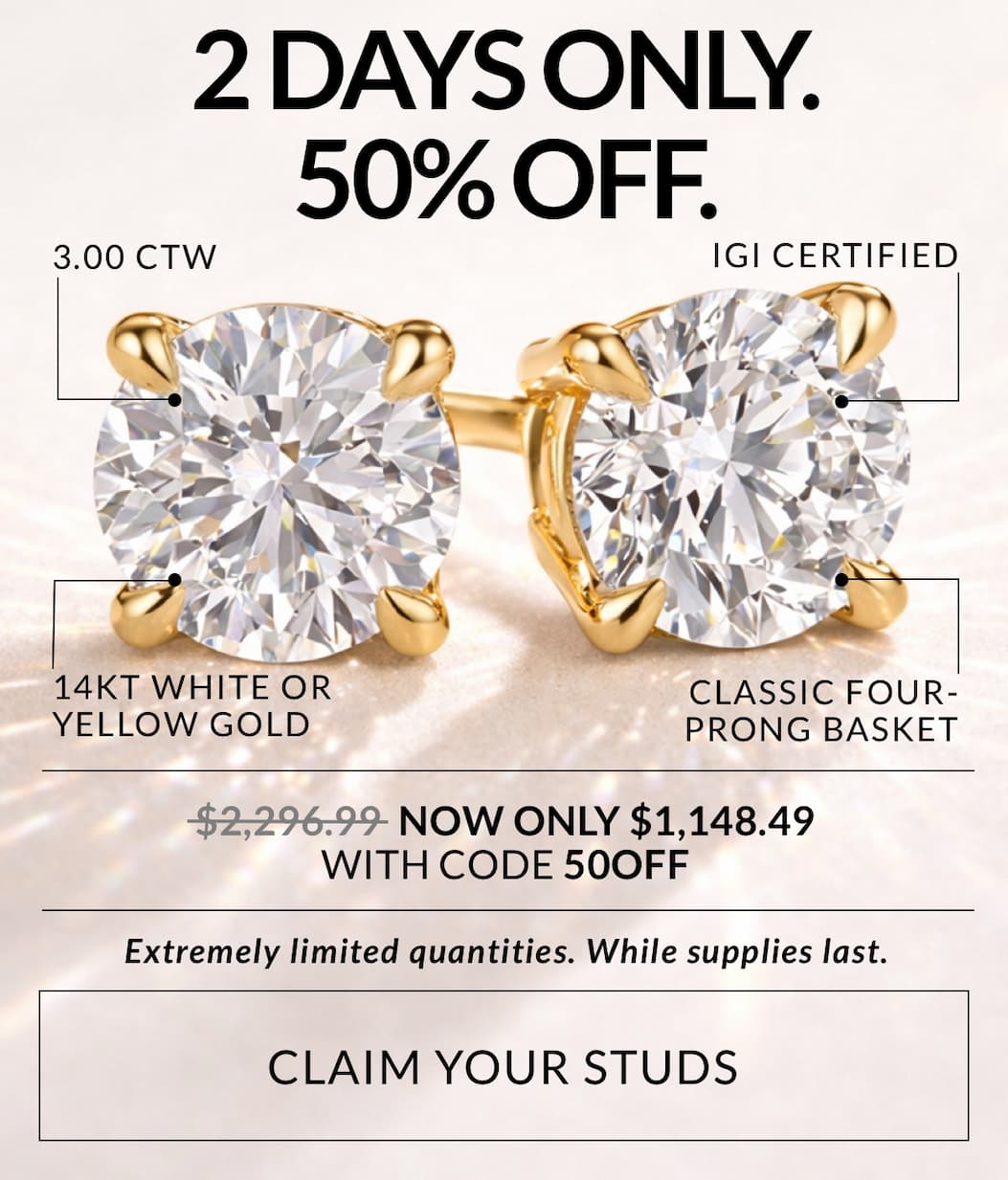 50% off select certified lab-grown diamond stud earrings with code 50OFF