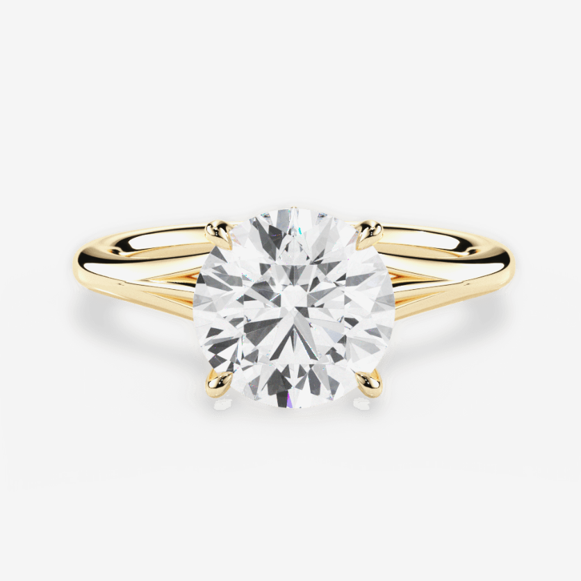 The Amata Round Cut 18kt Yellow Gold Four-Prong Trellis Cathedral Solitaire Engagement Ring