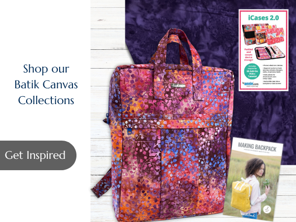 Batik Canvas Collection Link with image of the Making Backpack kit and the iCases 2.0 project.