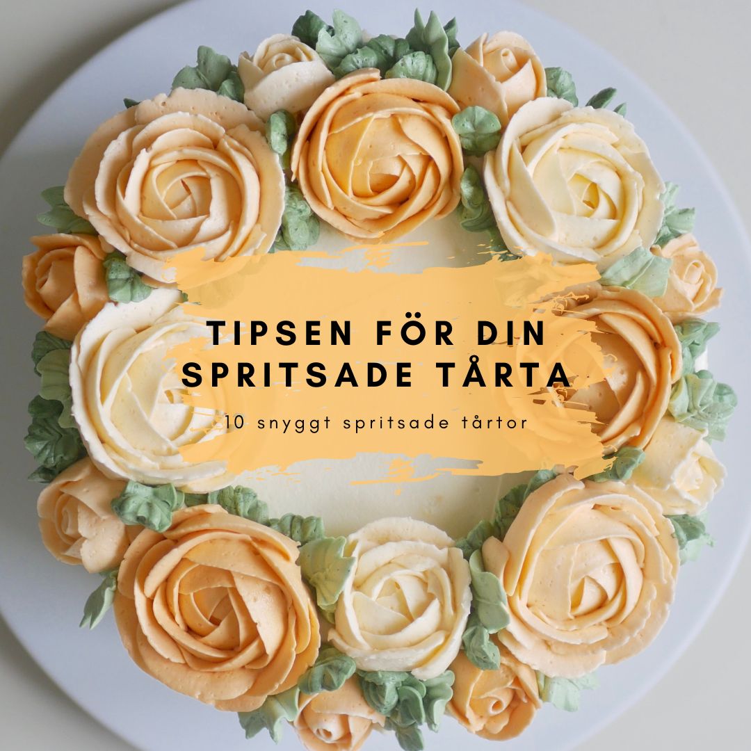 Morotstårta spritsad med rosor i orangea nyanser.