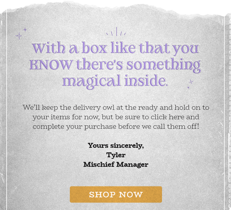 With a box like that you KNOW there's something magical inside.   We'll keep the delivery owl at the ready and hold on to your items for now, but be sure to click here and complete your purchase before we call them off! Yours sincerely, Tyler Mischief Manager
