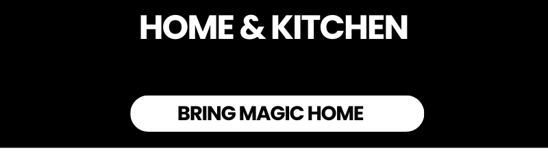 Home & Kitchen—(salt & pepper cauldrons, apron set, newt cookie cutter, spinning owl candle holder) with auto savings in cart and 'BRING MAGIC HOME' button.