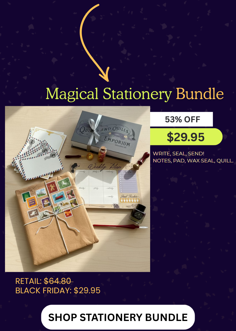 Magical Stationery Bundle at 56% off. Retail $64.80, Black Friday $27.95. Write, seal, send: notes, pad, stamps, pens. Button: Shop Stationery Bundle.