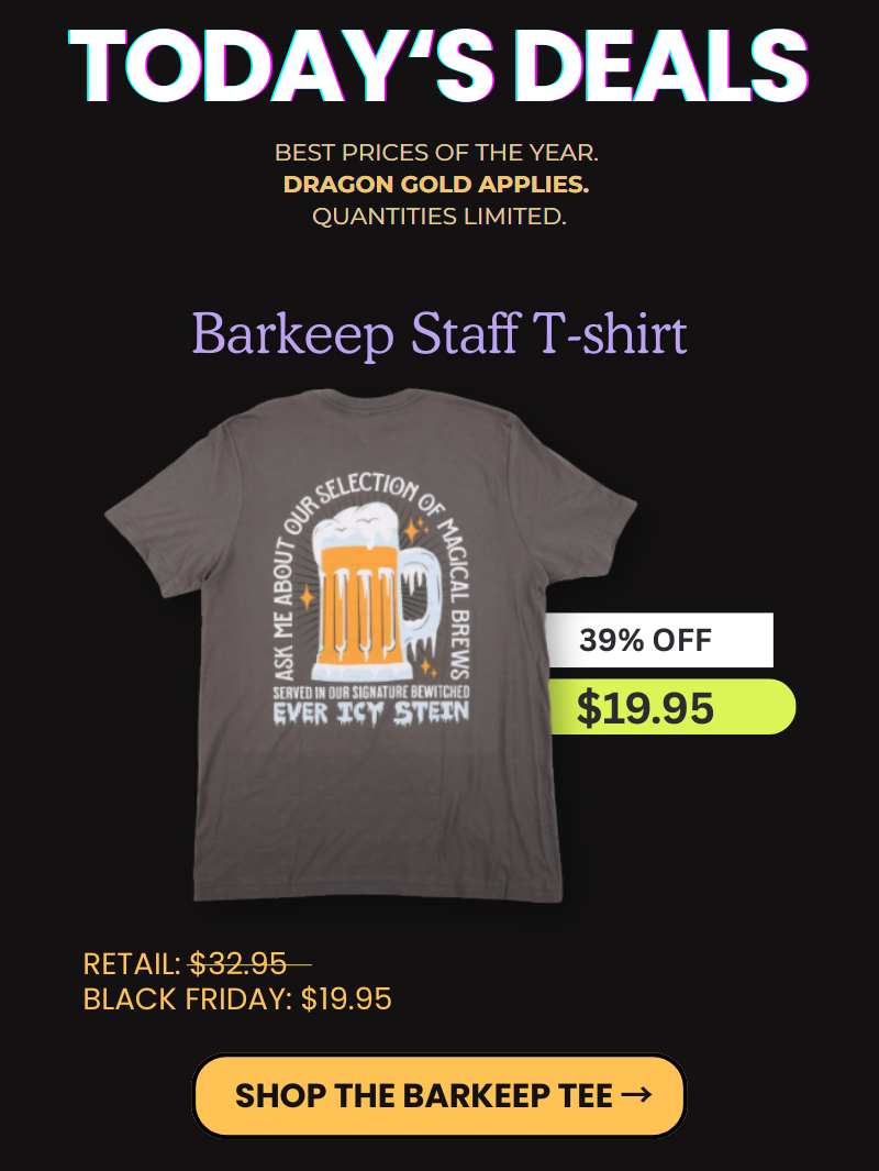 Barkeep Staff T-shirt product feature. Graphic pint design on charcoal tee. Badge shows 39% off, $19.95 Black Friday price. Retail $32.95. Button: Shop the Barkeep Tee.