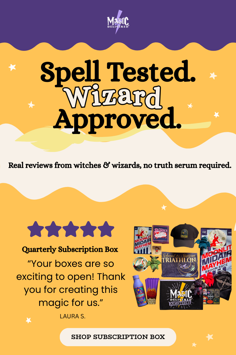 Spell Tested. Wizard Approved. Hero graphic with tagline: Real reviews from witches & wizards, no truth serum required.. Quarterly Subscription Box collage; 5-star review: 