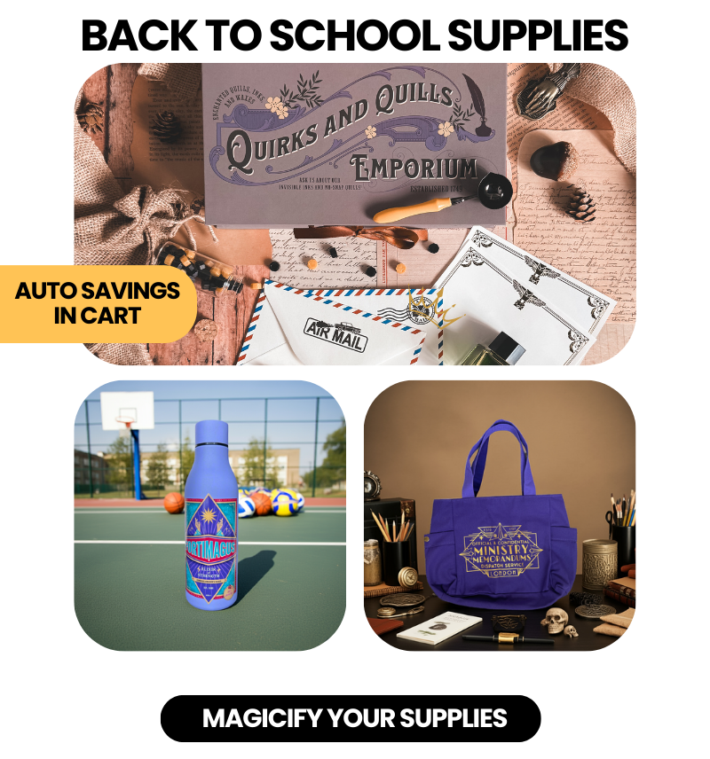 Back to School supplies (stationery, sports bottle, tote) with auto savings in cart and 'Magicify Your Supplies' button.