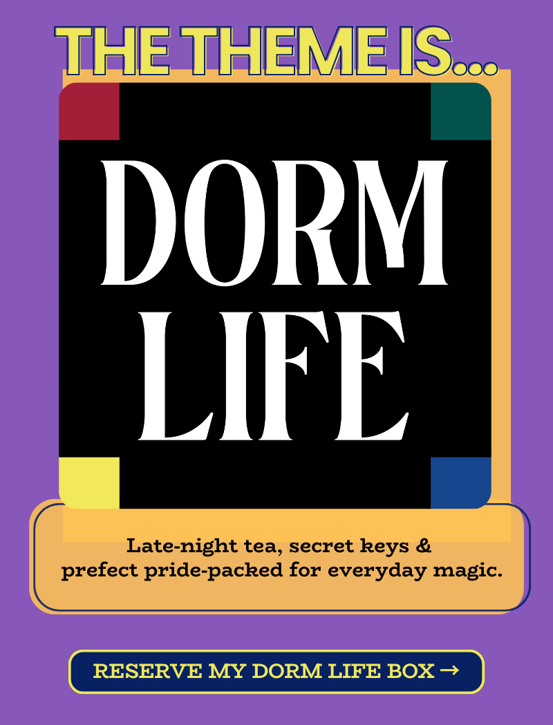 Theme reveal graphic: Dorm Life with four house‑color corners and teaser line.