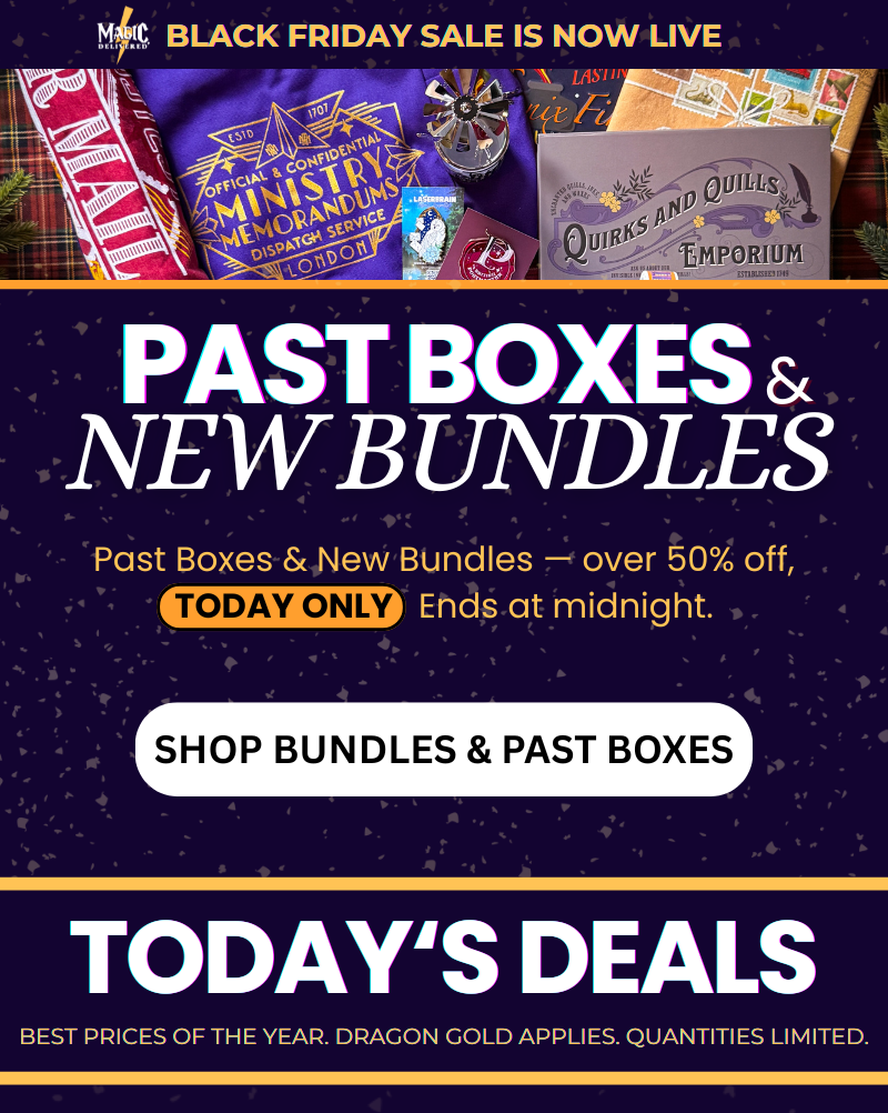 Black Friday is live. 'Past Boxes & New Bundles' over 50% off, today only, ends at midnight. Button: Shop Bundles & Past Boxes.