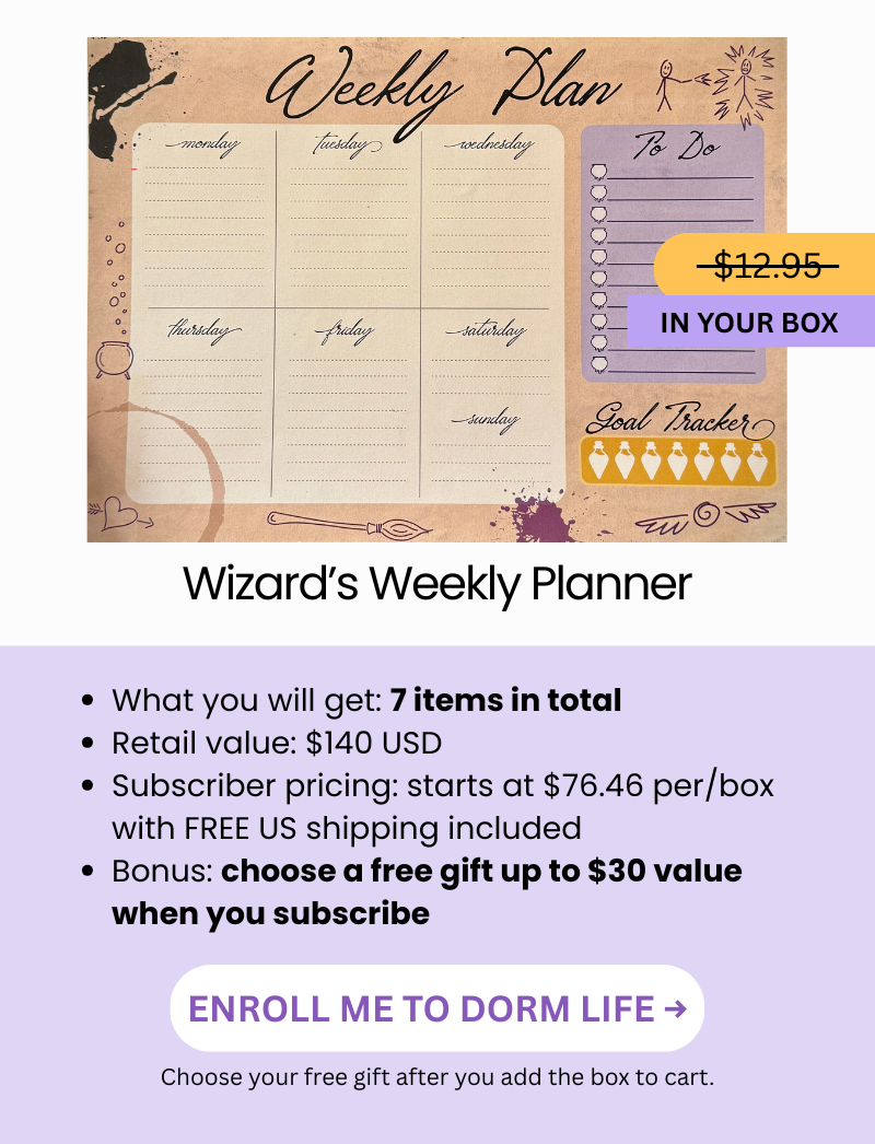 Wizard's Weekly Planner Spoiler... and text showing: What you will get - 7 items in total, retail value of $140USD, subscriber pricing starts at $76.46 per/box with FREE US shipping, BONUS: choose a free gift valued at up to $30