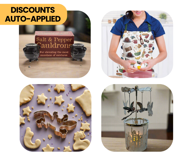 Home & Kitchen—(salt & pepper cauldrons, apron set, newt cookie cutter, spinning owl candle holder) with auto savings in cart and 'BRING MAGIC HOME' button.