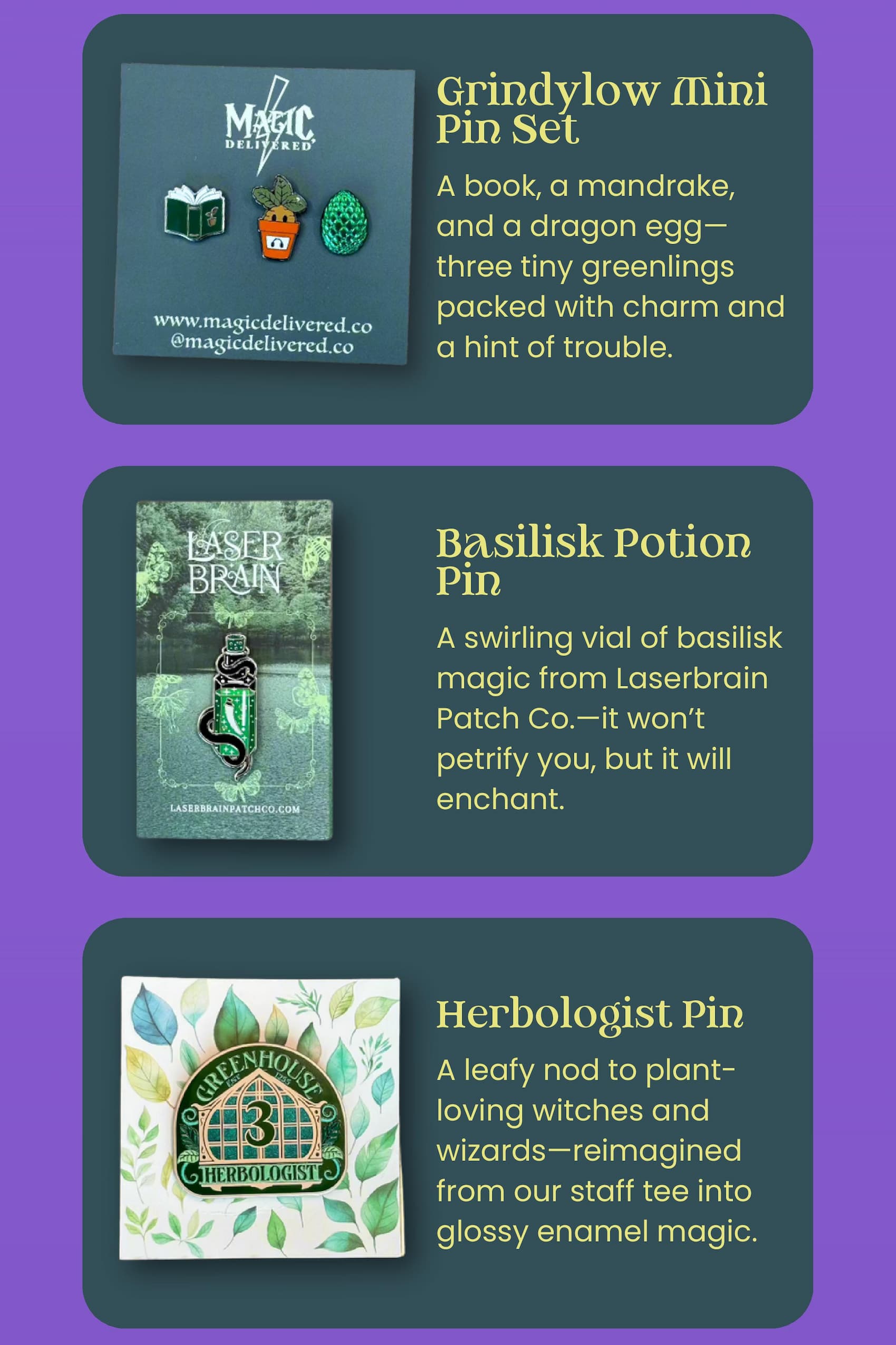 Grindylow Pin, Grindylow Mini Pin Set, Basilisk Potion Pin + Herbologist Pin